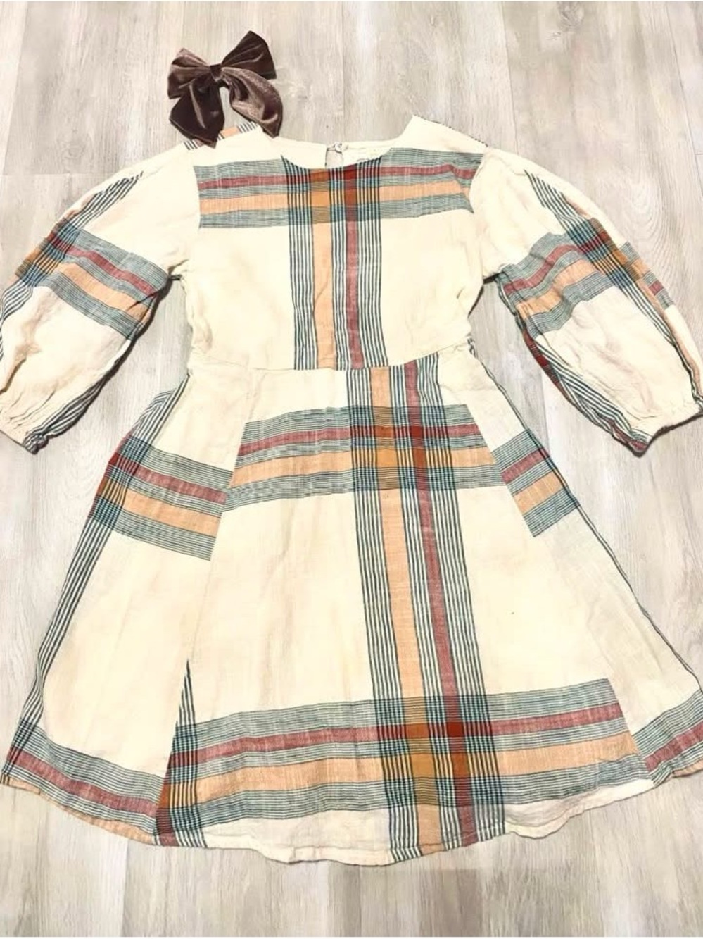 Chelsea & Violet Cream Plaid Cotton Dress with Puff Sleeves
